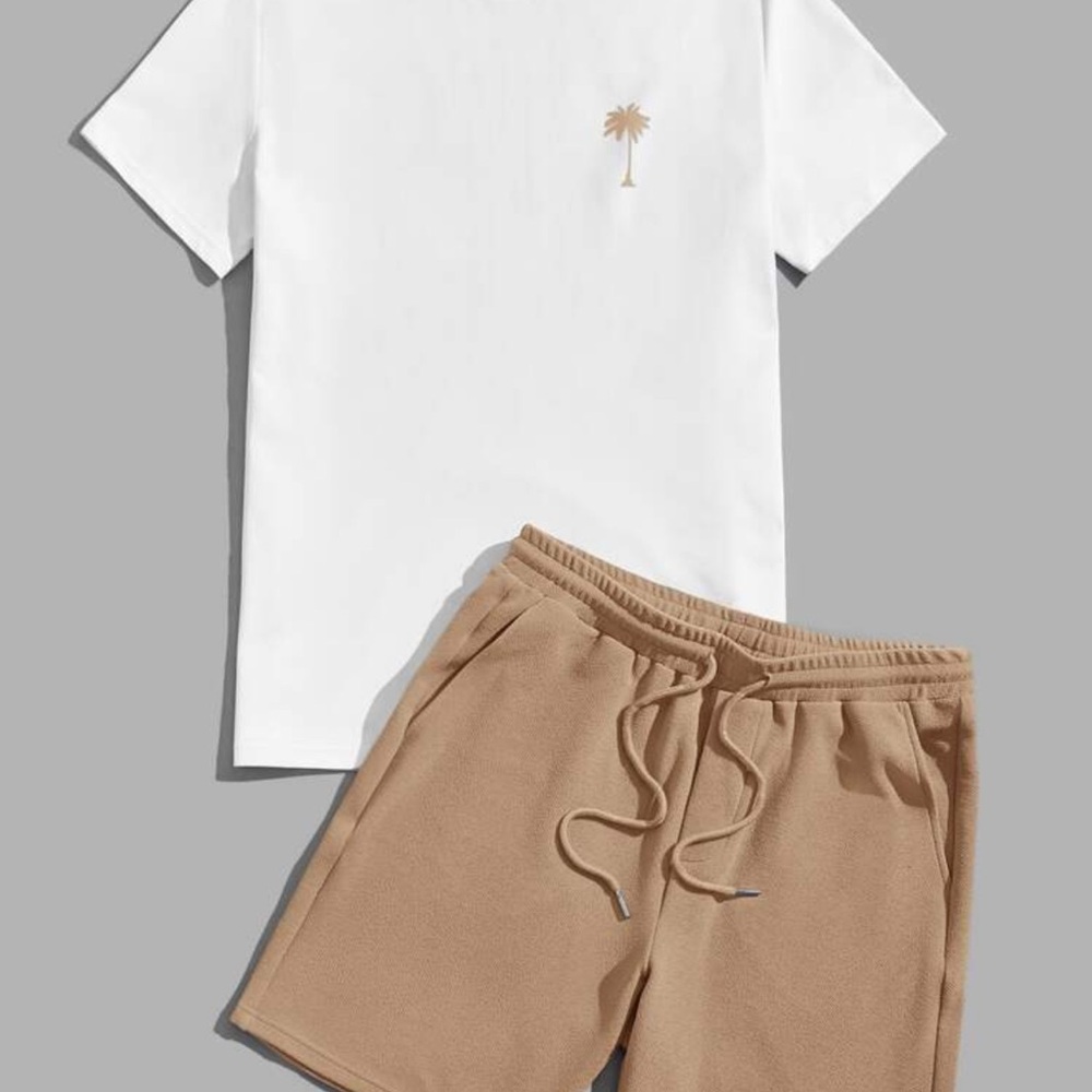 Manfinity Knitted Crew Neck Short Sleeve T-Shirt And Drawstring Shorts Set - Picture 2 of 5